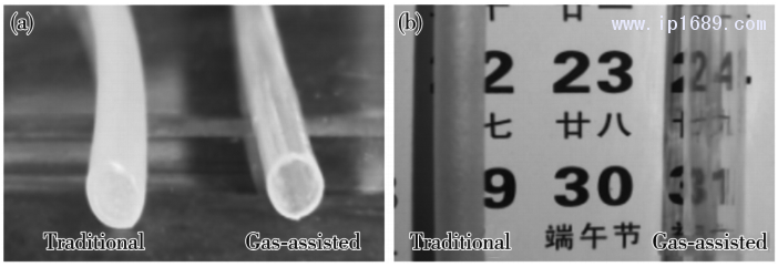 圖 4 傳統(tǒng)擠出和氣輔擠出的塑料微管的( a) 橫截面和( b) 表面質(zhì)量對(duì)比